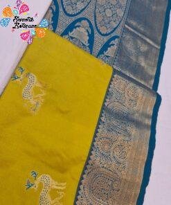 Deer Designer Lime Yellow And Peacock Blue Premium Semi Silk Saree Deer Designer Lime Yellow And Peacock Blue Premium Semi Silk Saree