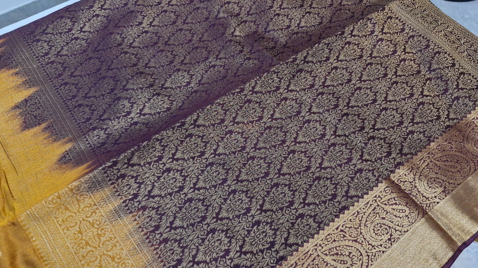 Floral Designer Mustard Yellow With Deep Wine Purple Premium Semi Silk Saree Floral Designer Mustard Yellow With Deep Wine Purple Premium Semi Silk Saree - Image 7