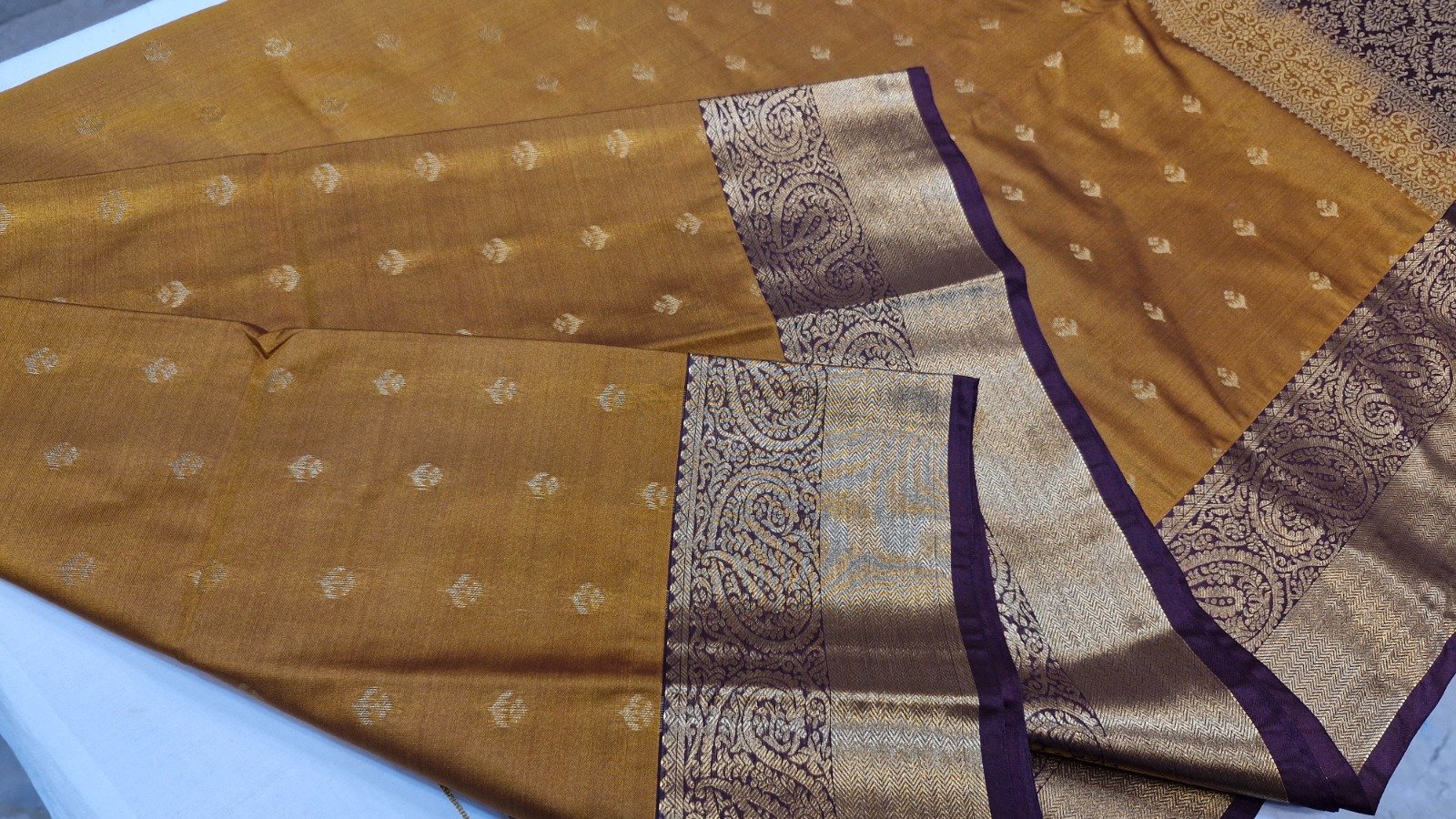 Floral Designer Mustard Yellow With Deep Wine Purple Premium Semi Silk Saree Floral Designer Mustard Yellow With Deep Wine Purple Premium Semi Silk Saree - Image 5