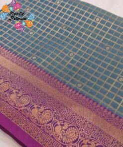 Checked Designer Peacock Green With Purple Premium Semi Silk Saree