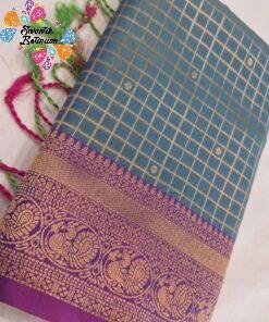 Checked Designer Peacock Green With Purple Premium Semi Silk Saree