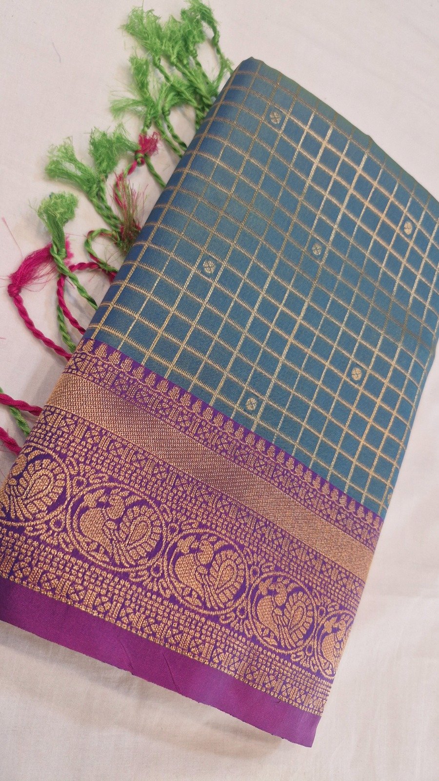 Checked Designer Peacock Green With Purple Premium Semi Silk Saree Checked Designer Peacock Green With Purple Premium Semi Silk Saree
