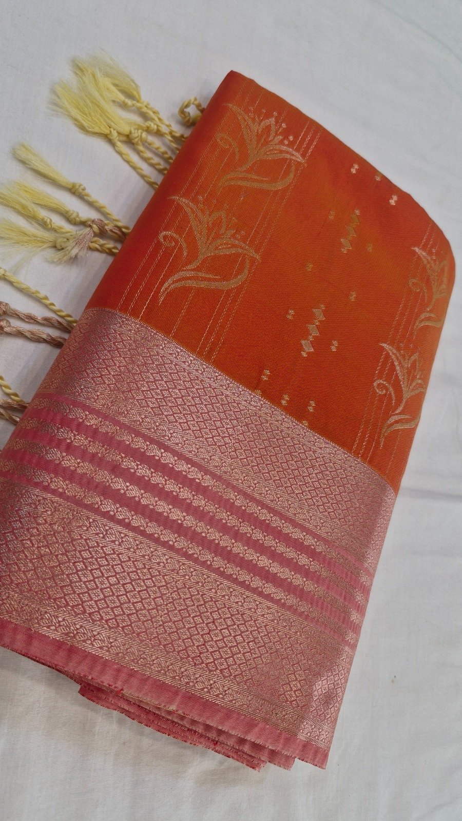 Floral Designer Royal Orange With Peach Premium Semi Silk Saree Floral Designer Royal Orange With Peach Premium Semi Silk Saree