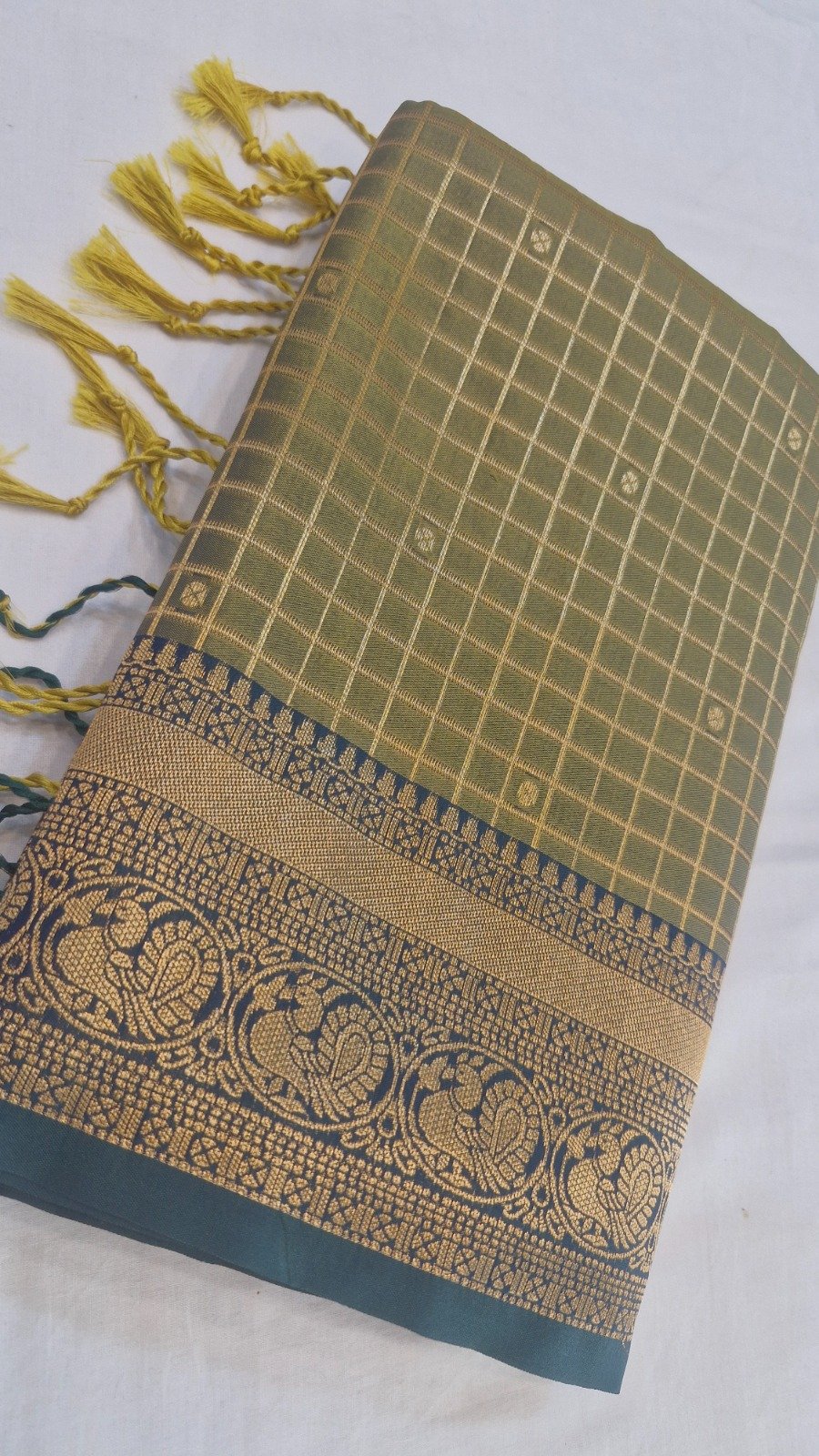Peacock Designer Sage Green With Peacock Blue Premium Semi Silk Saree Peacock Designer Sage Green With Peacock Blue Premium Semi Silk Saree