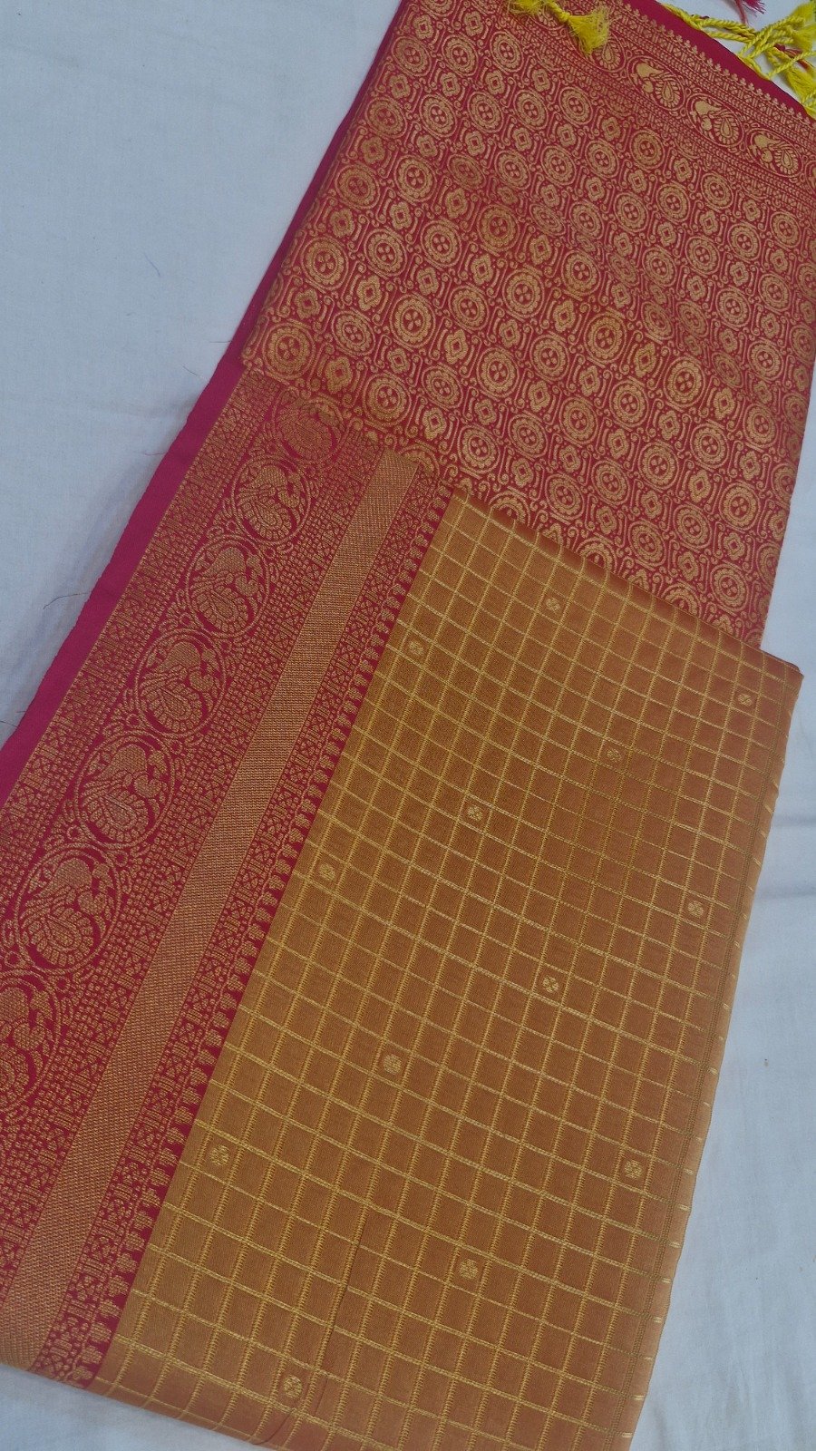 Premium Peacock Designer Mustard Gold With Deep Magenta Pink With Rich Gold Zari Work Semi Silk Saree Premium Peacock Designer Mustard Gold With Deep Magenta Pink With Rich Gold Zari Work Semi Silk Saree - Image 3