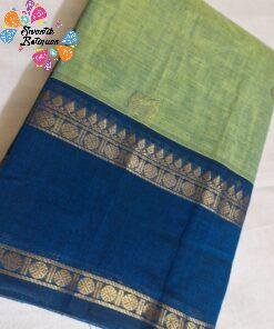 Pistachio Green With Royal Blue Gold Zari Border Premium Kanchi Cotton Saree with Rich Pallu Pistachio Green With Royal Blue Gold Zari Border Premium Kanchi Cotton Saree with Rich Pallu