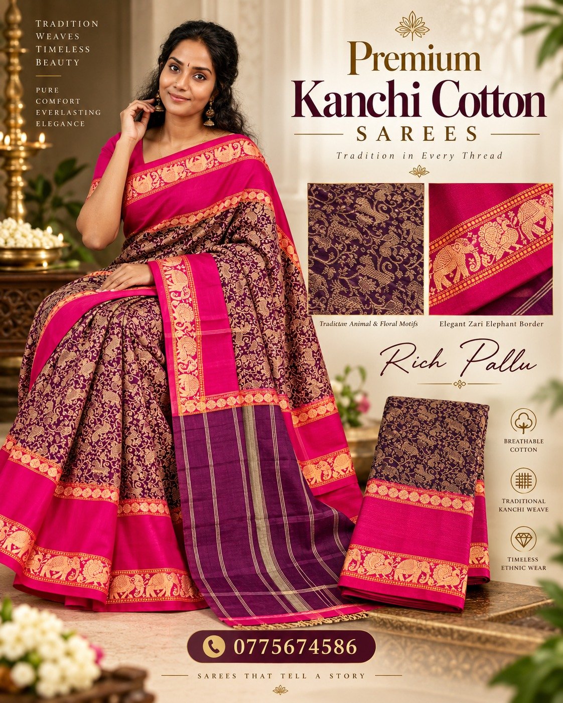 Wine Purple With Pink Border Premium Kanchi Cotton Saree with Rich Pallu Wine Purple With Pink Border Premium Kanchi Cotton Saree with Rich Pallu