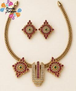 Alternative view of Flower Designer White And Pink With Green Ad Stone Matte Finished Necklace