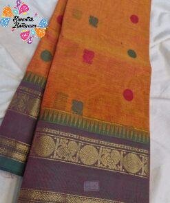 Peach Orange with Mauve And Green Antique Gold Zari Border Premium Kanchi Cotton Saree with Rich Pallu