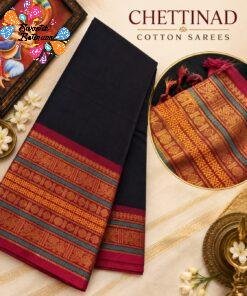 Black And Maroon With Antique Gold Zari Border Premium Chettinad Cotton Saree