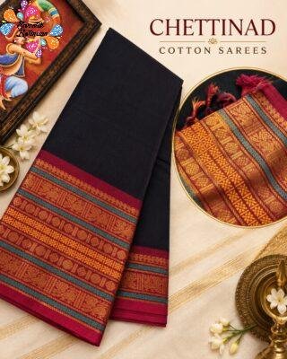 Black And Maroon With Antique Gold Zari Border Premium Chettinad Cotton Saree