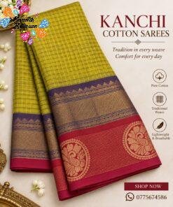 Mustard Yellow Checked Designer Blue And Magenta Zari Border Kanchi Cotton Saree