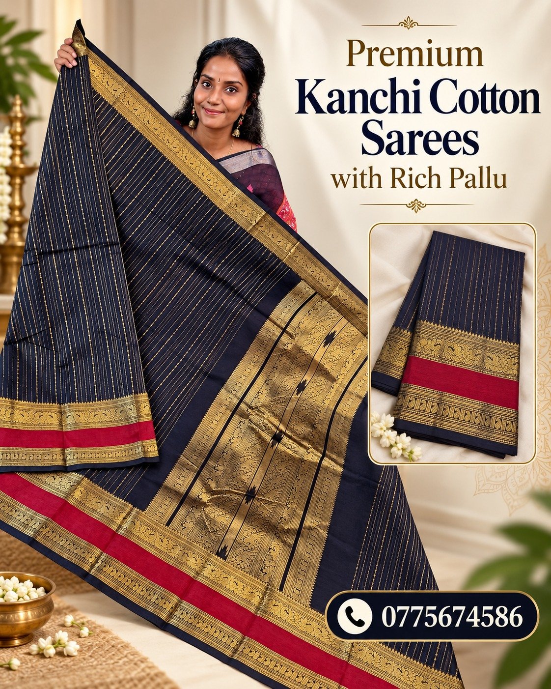 Black With Deep Red Antique Gold Zari Border Premium Kanchi Cotton Saree with Rich Pallu Black With Deep Red Antique Gold Zari Border Premium Kanchi Cotton Saree with Rich Pallu