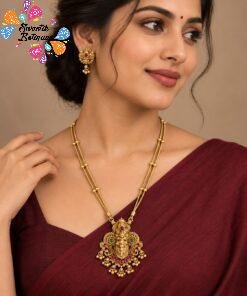 Perumal Face Designer Green And Pink Stone Mixed Matte Finished Necklace