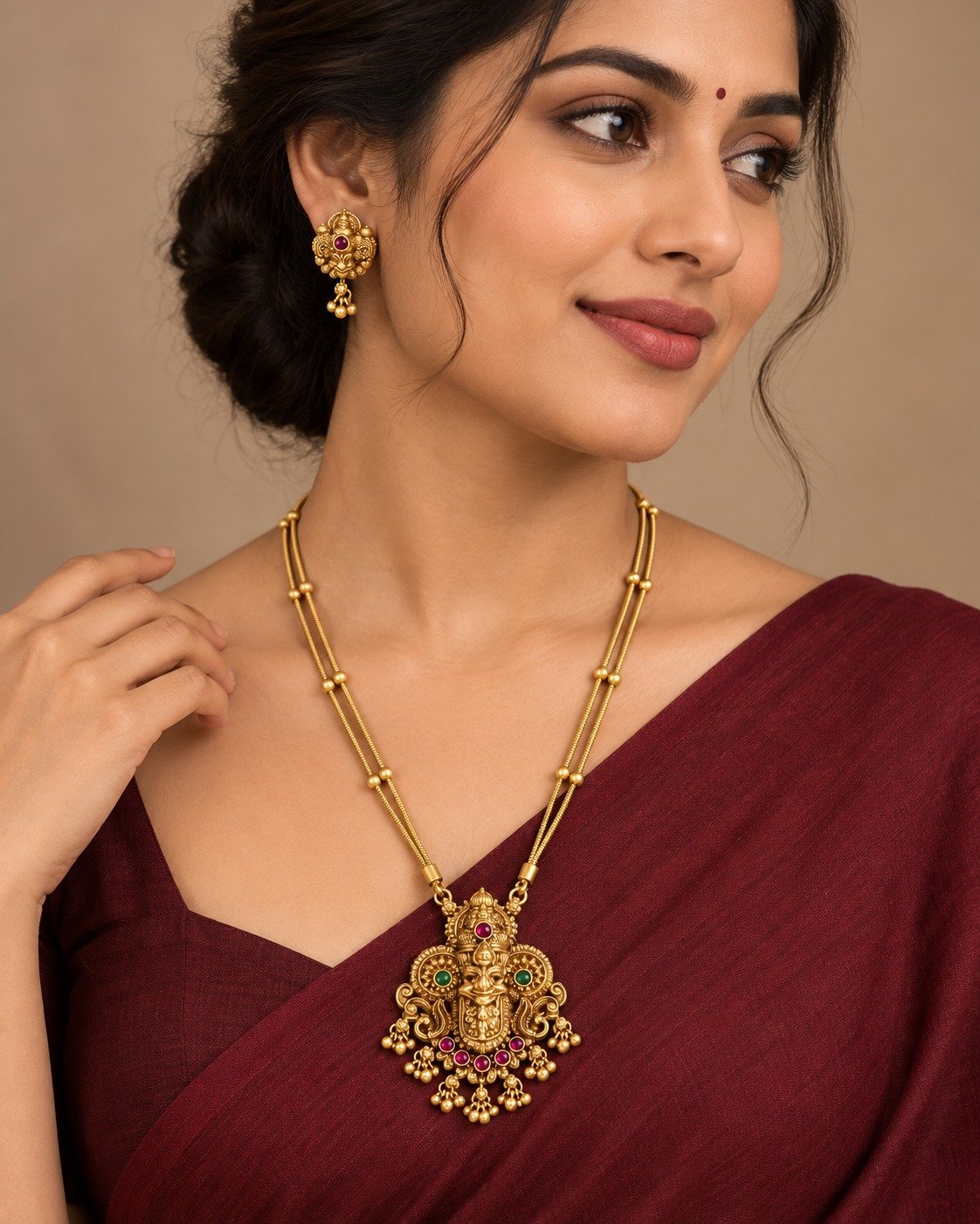 Perumal Face Designer Green And Pink Stone Mixed Matte Finished Necklace Perumal Face Designer Green And Pink Stone Mixed Matte Finished Necklace