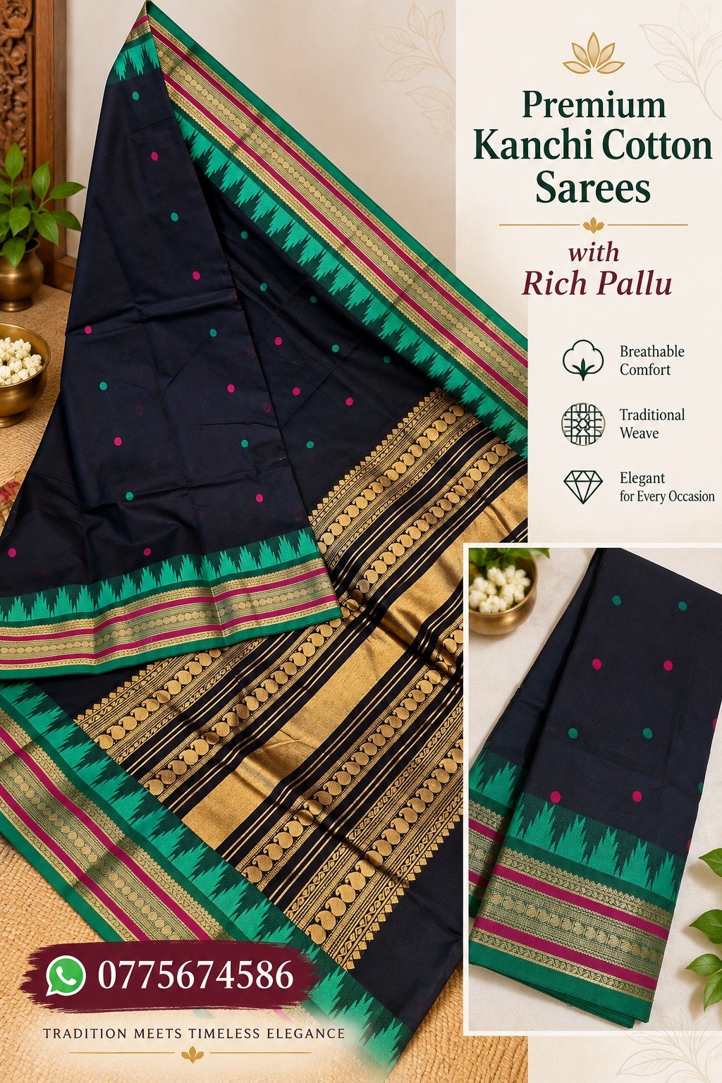 Butta Dots Designer Black And Emerald Green With Magenta Gold Zari Border Premium Kanchi Cotton Saree with Rich Pallu Butta Dots Designer Black And Emerald Green With Magenta Gold Zari Border Premium Kanchi Cotton Saree with Rich Pallu