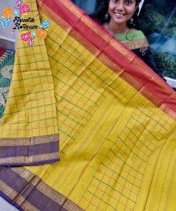 Checked Designer Yellow And Purple With Pink Double Border Premium Kanchi Cotton Saree with Rich Pallu