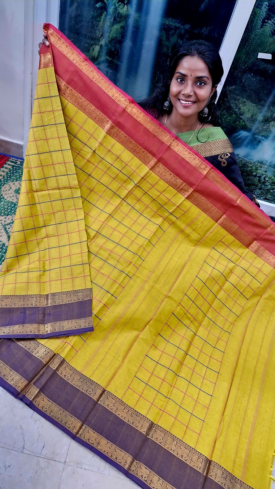 Checked Designer Yellow And Purple With Pink Double Border Premium Kanchi Cotton Saree with Rich Pallu Checked Designer Yellow And Purple With Pink Double Border Premium Kanchi Cotton Saree with Rich Pallu - Image 6