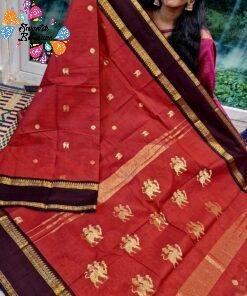 Alternative view of Rust Red With Dark Maroon Border and Antique Gold Zari Border Premium Kanchi Cotton Saree with Rich Pallu