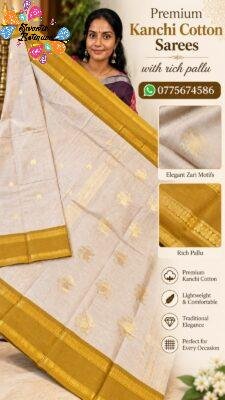 Ivory with  Gold Zari Border Premium Kanchi Cotton Saree with Rich Pallu