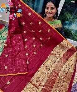 Burgundy Wine And Gold Checks With Peacock Designer Premium Kanchi Cotton Saree with Rich Pallu Burgundy Wine And Gold Checks With Peacock Designer Premium Kanchi Cotton Saree with Rich Pallu