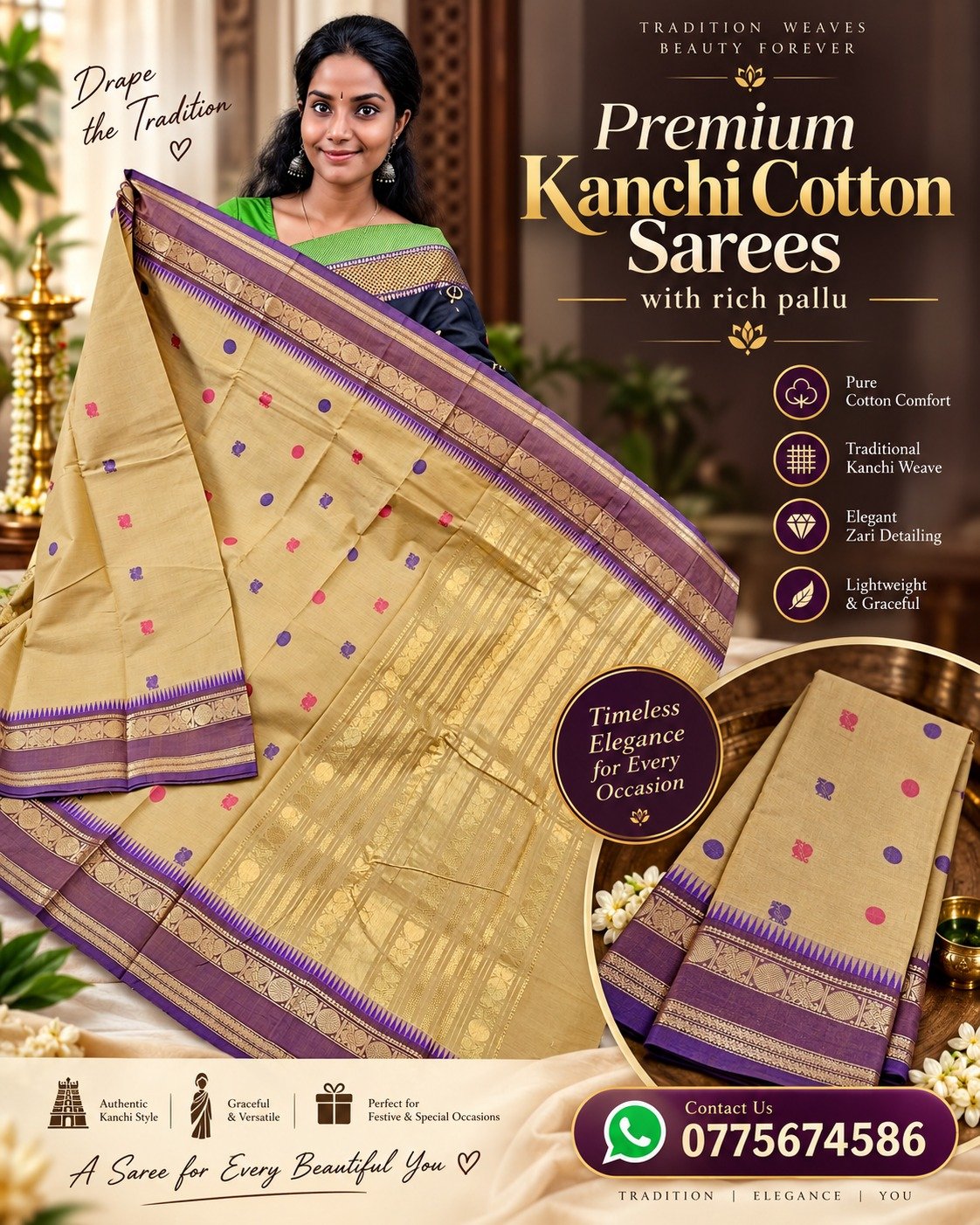 Beige And Light Purple With Gold Zari Border Premium Kanchi Cotton Saree with Rich Pallu Beige And Light Purple With Gold Zari Border Premium Kanchi Cotton Saree with Rich Pallu