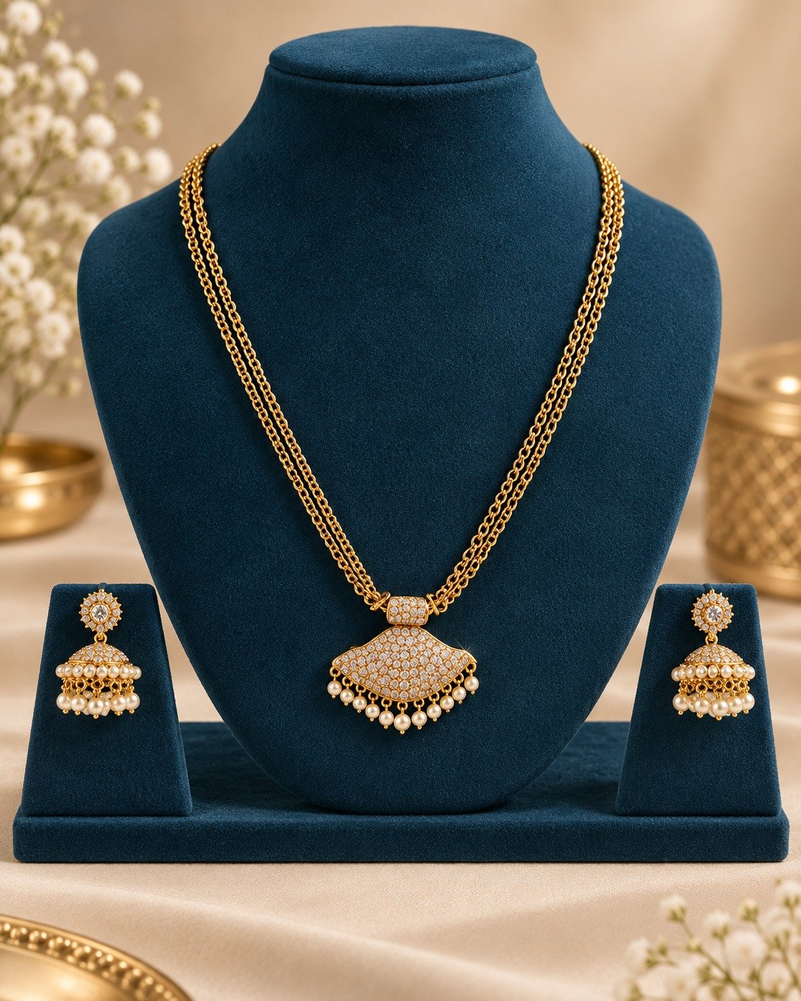 Premium Diamond Shaped Pendant With White Stone And Pearl Mixed Matte Finished Necklace Premium Diamond Shaped Pendant With White Stone And Pearl Mixed Matte Finished Necklace - Image 2