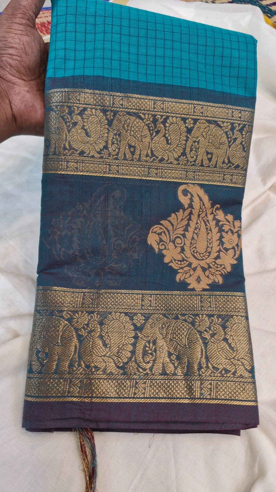 Checked Designer Turquoise Blue With Slate Grey Gold Zari Border Premium Kanchi Cotton Saree with Rich Pallu Checked Designer Turquoise Blue With Slate Grey Gold Zari Border Premium Kanchi Cotton Saree with Rich Pallu - Image 3