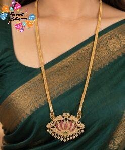 Lotus Designer White And Pink With Green Stone Work Mixed Micro Gold Plated Long Chain
