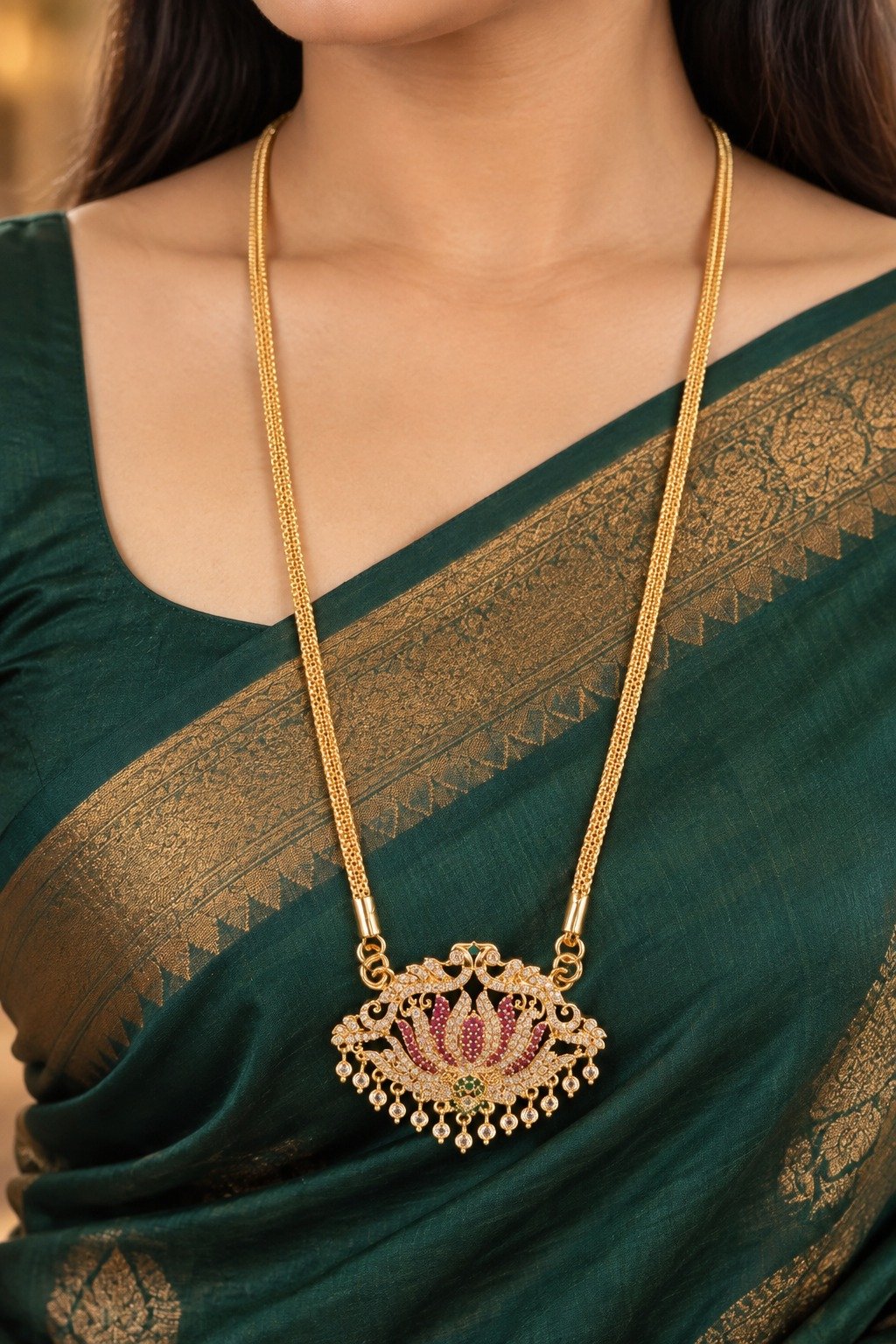 Lotus Designer White And Pink With Green Stone Work Mixed Micro Gold Plated Long Chain Lotus Designer White And Pink With Green Stone Work Mixed Micro Gold Plated Long Chain