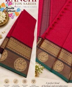Deep Ruby Red With Green And Brown Mixed Border Premium Kanchi Cotton Saree