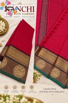Deep Ruby Red With Green And Brown Mixed Border Premium Kanchi Cotton Saree