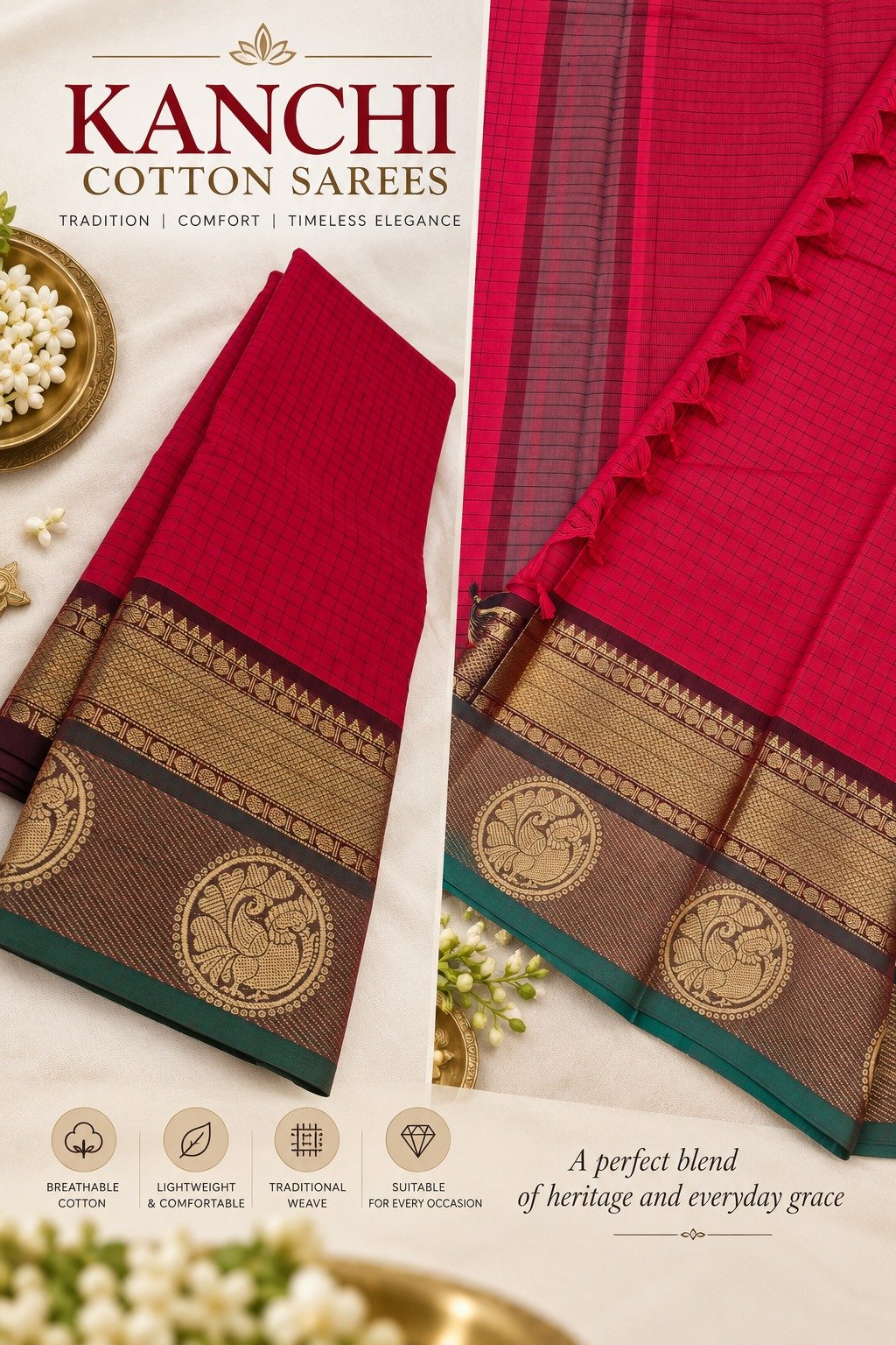 Deep Ruby Red With Green And Brown Mixed Border Premium Kanchi Cotton Saree Deep Ruby Red With Green And Brown Mixed Border Premium Kanchi Cotton Saree