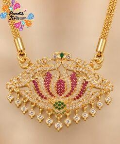 Lotus Designer White And Pink With Green Stone Work Mixed Micro Gold Plated Long Chain Lotus Designer White And Pink With Green Stone Work Mixed Micro Gold Plated Long Chain