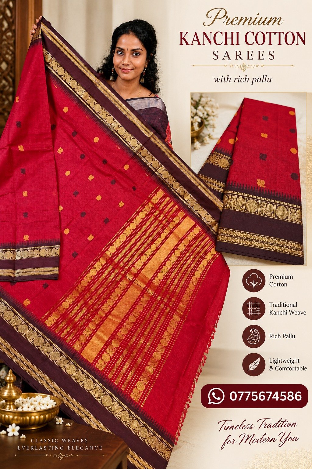 Crimson Red With Dark Maroon Gold Zari Border Premium Kanchi Cotton Saree with Rich Pallu Crimson Red With Dark Maroon Gold Zari Border Premium Kanchi Cotton Saree with Rich Pallu