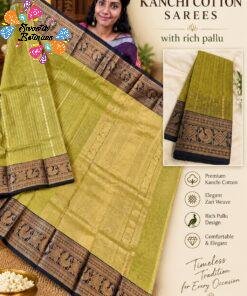Olive Green With Navy Blue Gold Zari Border Premium Kanchi Cotton Saree with Rich Pallu