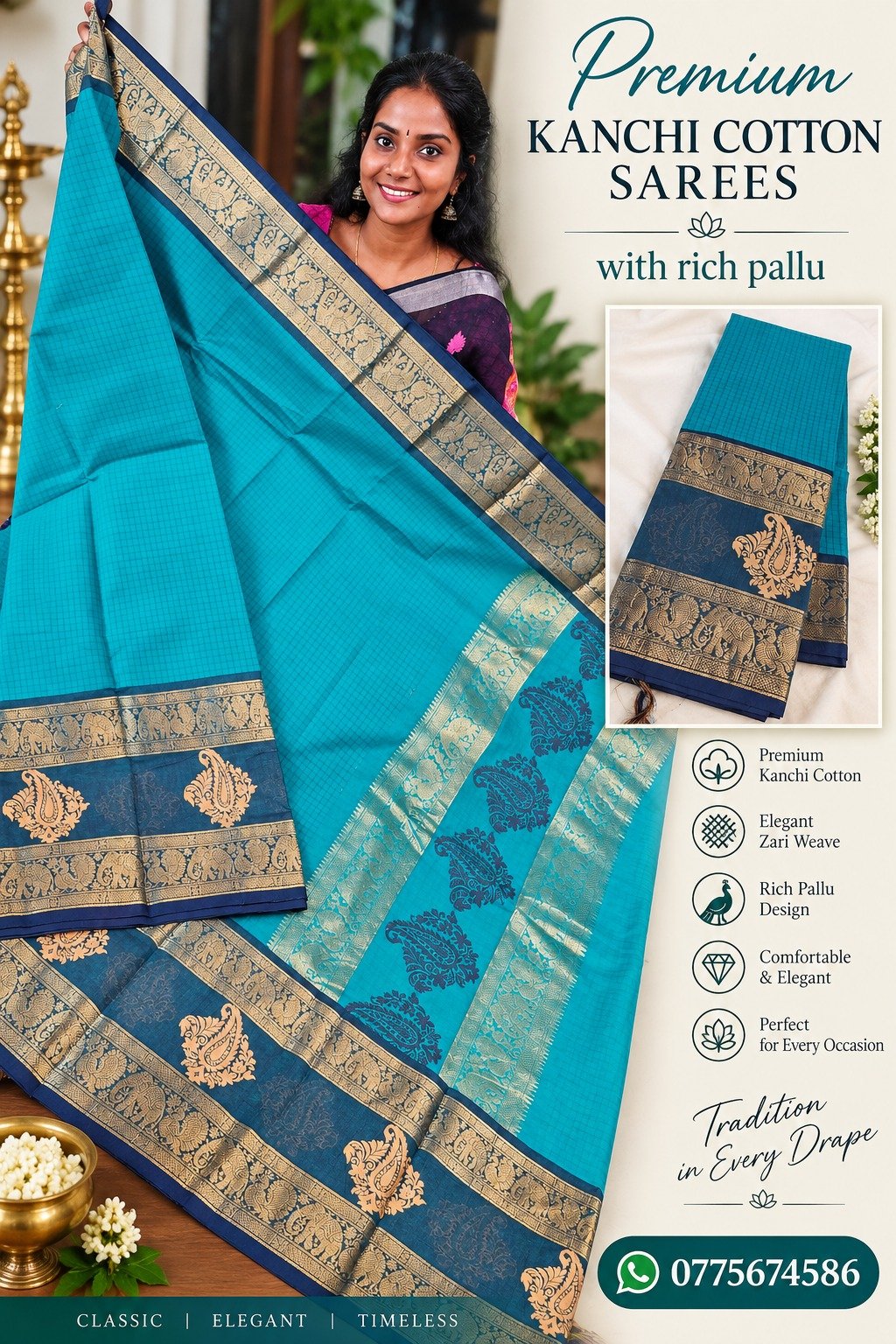 Checked Designer Turquoise Blue With Slate Grey Gold Zari Border Premium Kanchi Cotton Saree with Rich Pallu Checked Designer Turquoise Blue With Slate Grey Gold Zari Border Premium Kanchi Cotton Saree with Rich Pallu