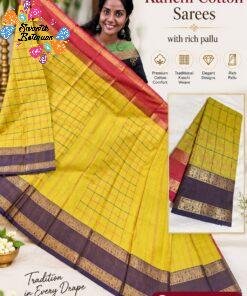 Checked Designer Yellow And Purple With Pink Double Border Premium Kanchi Cotton Saree with Rich Pallu