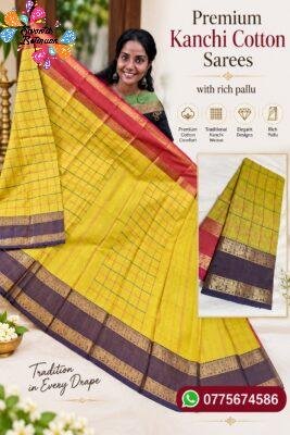 Checked Designer Yellow And Purple With Pink Double Border Premium Kanchi Cotton Saree with Rich Pallu
