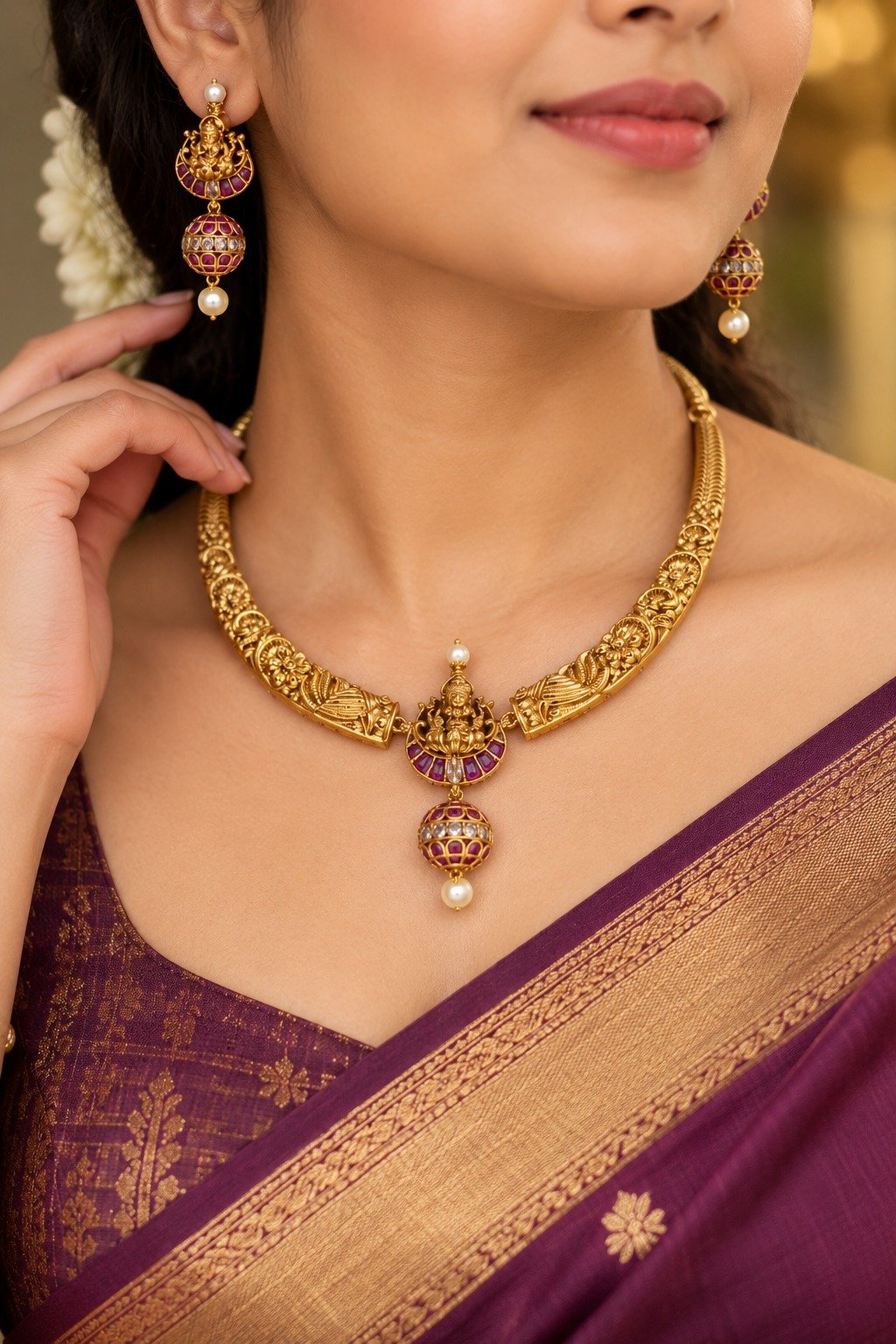 Lakshmi Designer White Pearl With Pink And White Stone Matte Finished Necklace Lakshmi Designer White Pearl With Pink And White Stone Matte Finished Necklace