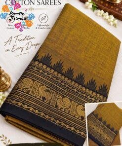Antique Mustard with Navy Blue Gold Zari Border Chettinad Cotton Sarees
