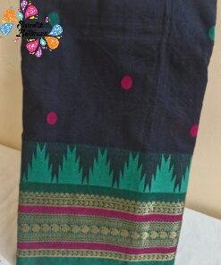 Welcome Swastik Boutiques, Sri Lanka Alternative view of Butta Dots Designer Black And Emerald Green With Magenta Gold Zari Border Premium Kanchi Cotton Saree with Rich Pallu