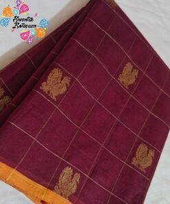 Burgundy Wine And Gold Checks With Peacock Designer Premium Kanchi Cotton Saree with Rich Pallu Burgundy Wine And Gold Checks With Peacock Designer Premium Kanchi Cotton Saree with Rich Pallu