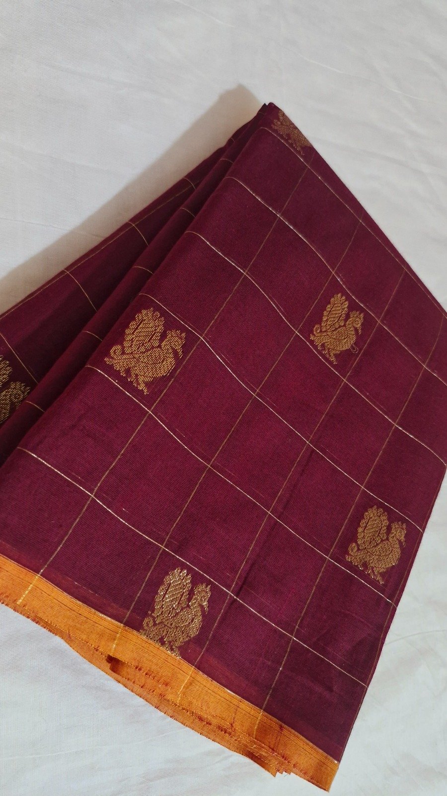 Burgundy Wine And Gold Checks With Peacock Designer Premium Kanchi Cotton Saree with Rich Pallu Burgundy Wine And Gold Checks With Peacock Designer Premium Kanchi Cotton Saree with Rich Pallu - Image 2