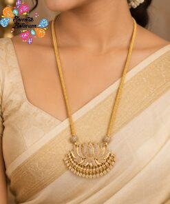 Lotus Designer White Stone Work Micro Gold Plated Long Chain