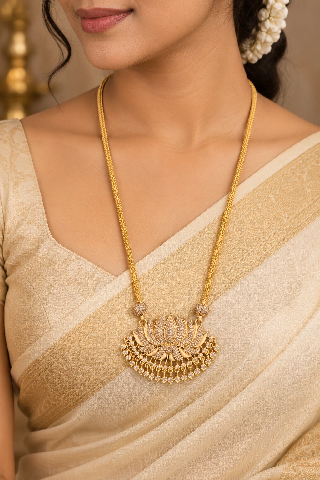 Lotus Designer White Stone Work Micro Gold Plated Long Chain Lotus Designer White Stone Work Micro Gold Plated Long Chain