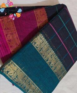 Alternative view of Checked Designer Black With Teal Green And Magenta Gold Zari Border Premium Kanchi Cotton Saree with Rich Pallu