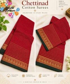 Bright Red And Gold Zari With Green Border Premium Chettinad Cotton Saree