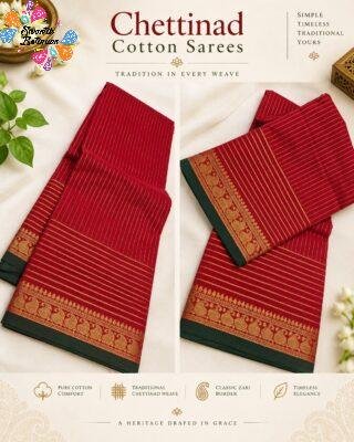 Bright Red And Gold Zari With Green Border Premium Chettinad Cotton Saree
