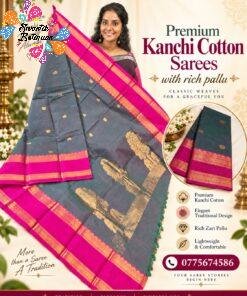Slate Grey With Rani Pink Gold Zari Border Premium Kanchi Cotton Saree with Rich Pallu